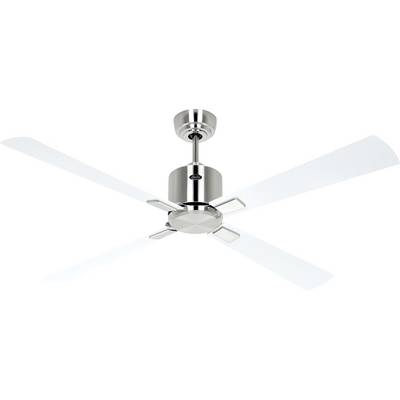 En modern takfläkt med fyra metallblad och silverfärgad finish, upphängd från en kort stång, som ger elegant ventilation.