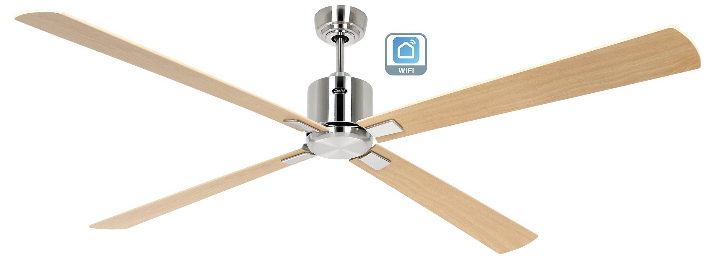 Takfläkt med träblad och metallbas, utrustad med WiFi-anslutning, indikerad med en ikon.