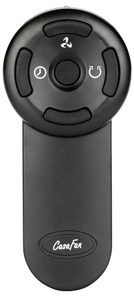 En svart fjärrkontroll för en CasaFan-enhet, utrustad med knappar för på/av, hastighetsinställningar och riktning, med CasaFan-logotyp längst ned.