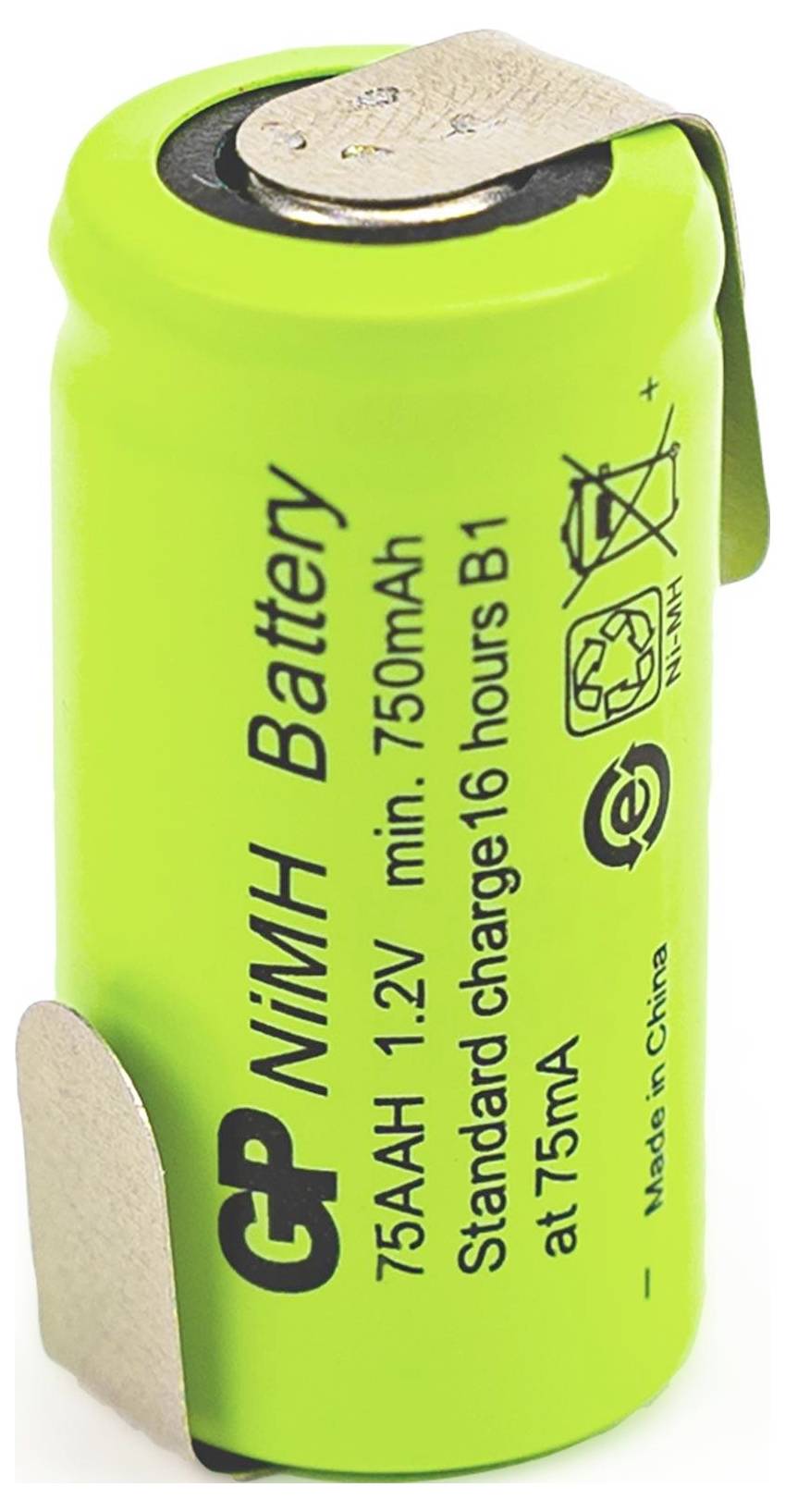 Ett grönt NiMH AA-batteri, 1,2V, 750mAh, 'Standardladdning 16 timmar vid 75mA', med metallflärpar påsatta.