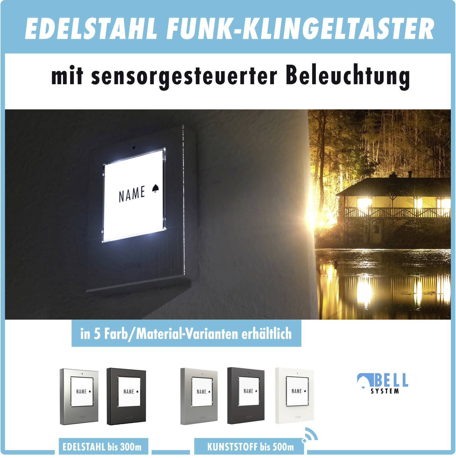 Rostfri trådlös dörrklocka med sensorsstyrd belysning, tillgänglig i 5 färg-/materialvarianter. Räckvidd upp till 500 meter.
