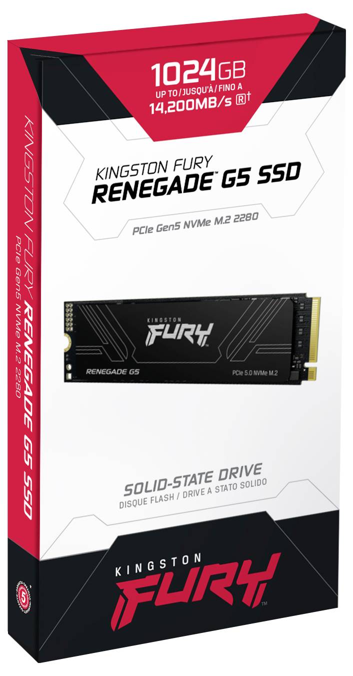 Kingston Fury Renegade G5 SSD förpackningsbild som visar produktdetaljer: 1024 GB kapacitet, PCIe Gen5 NVMe M.2 2280, upp till 14 200 MB/s hastighet.