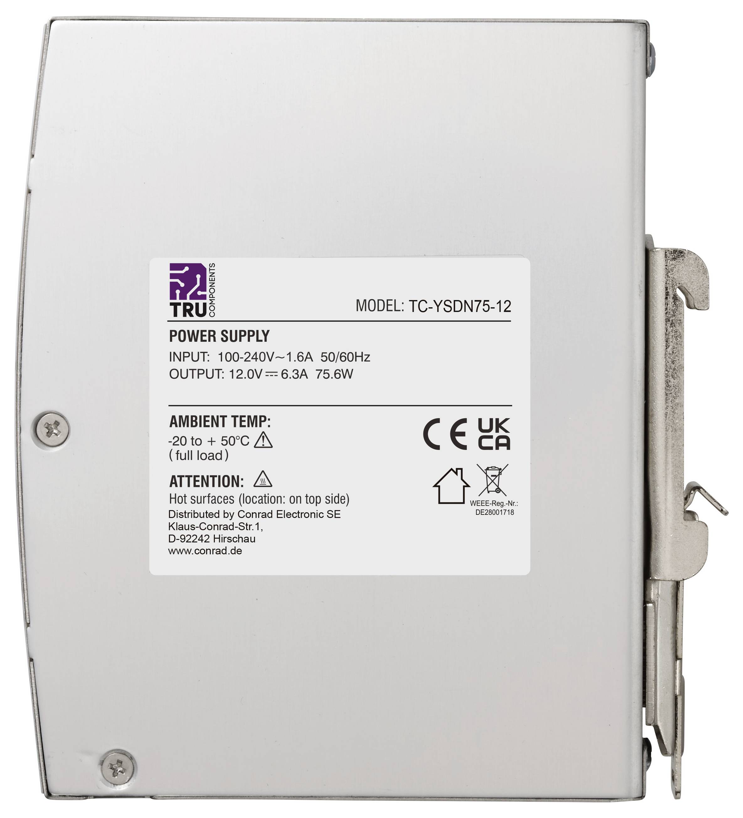 Industriell strömförsörjningsenhet märkt 'TRU8' modell TC-YSDN75-12, med ingång 100-240V och utgång 12V 6,3A 75,6W.