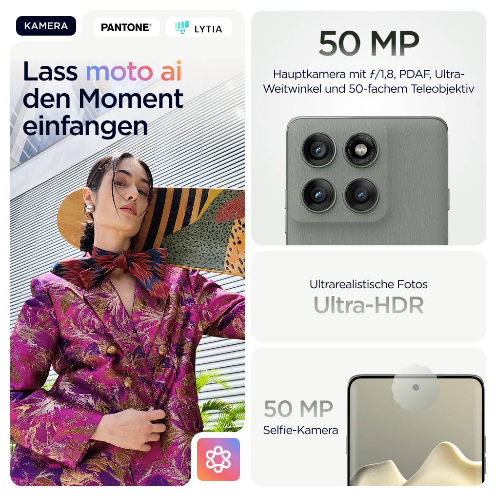 Kvinna i färgad kostym poserar; bredvid reklam för smartphone med 50 MP-kamera, Ultra-HDR, AI-funktioner och selfie-kamera.