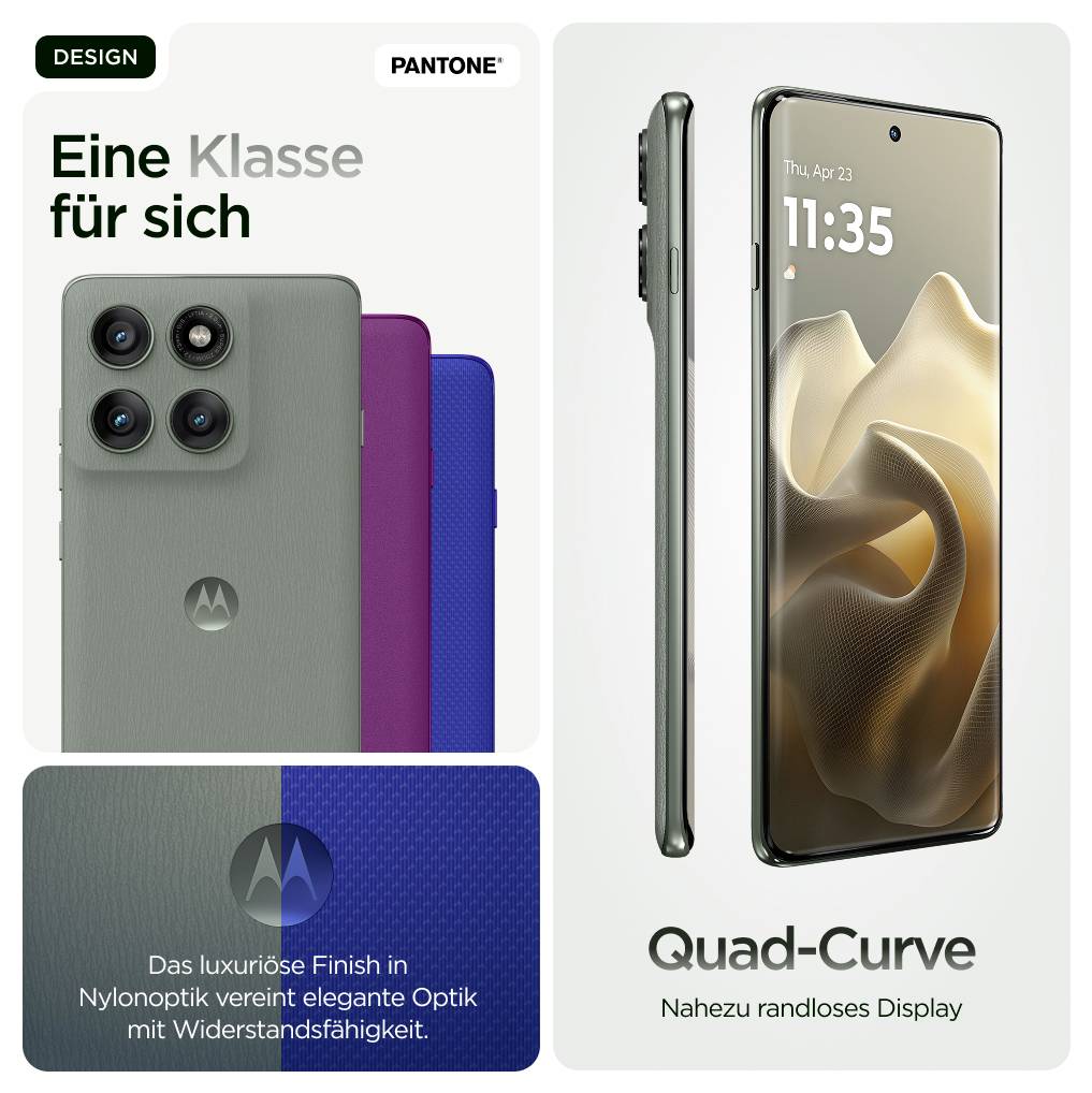 Motorola-smartphone med fyrdubbel kamera och fyrdubbel curved-display. Tillgänglig i flera färger, erbjuder elegant design och motståndskraft.