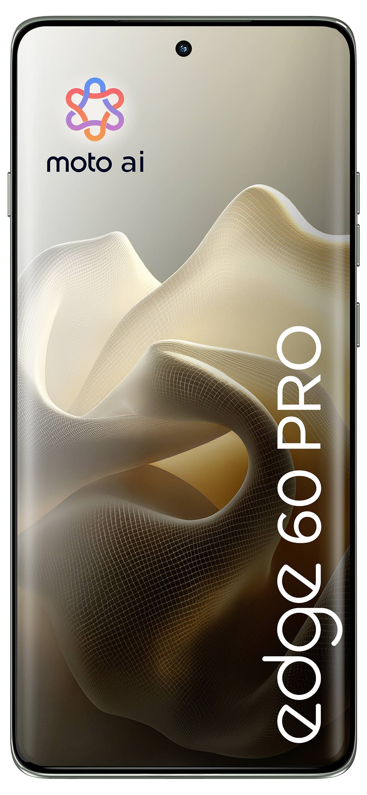Smartphone med "moto ai"- och "edge 60 PRO"-märkning på skärmen, som visar en abstrakt flödande tyg-design i beigea toner.