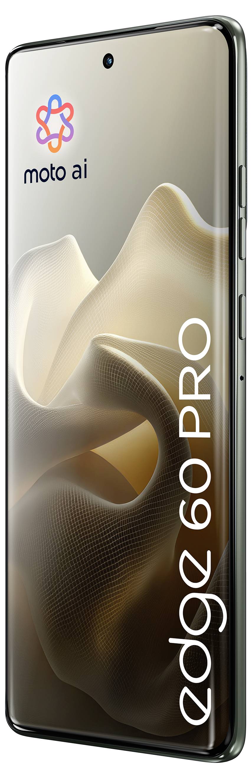 En snygg smartphone som visar "moto ai"-logon och texten "edge 60 PRO", med en vågig, abstrakt beige bakgrund på skärmen.