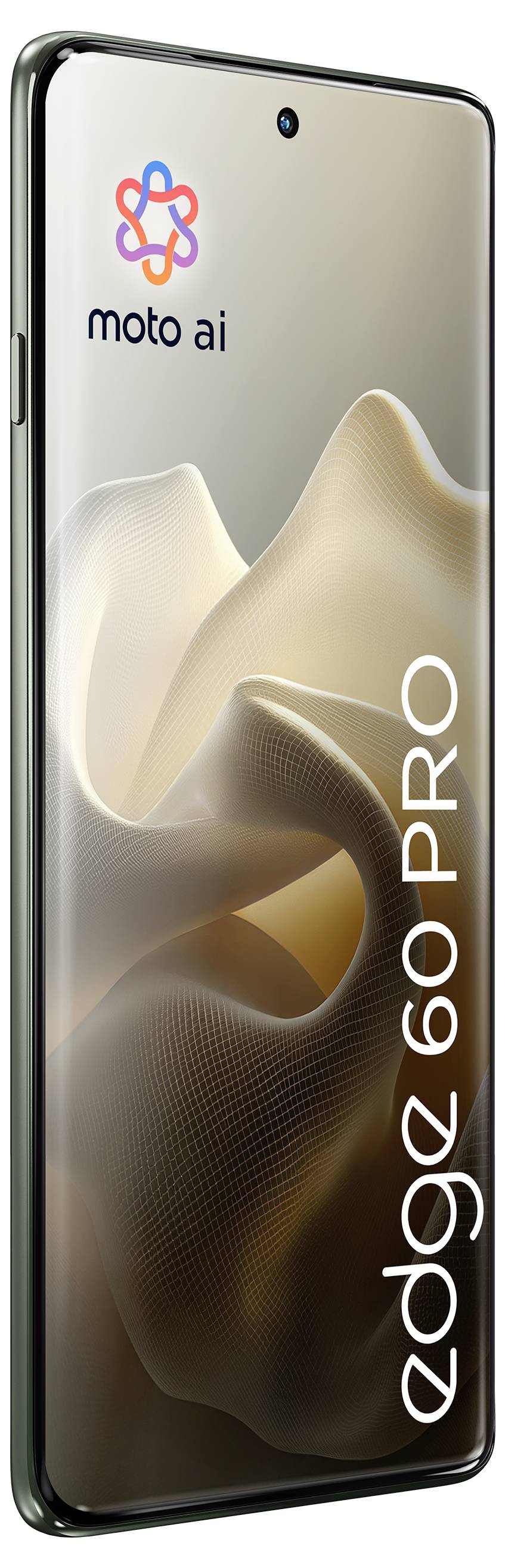 En röd smartphone sedd från sidan, visande en Dolby Atmos-logotyp och en kamerabula.
