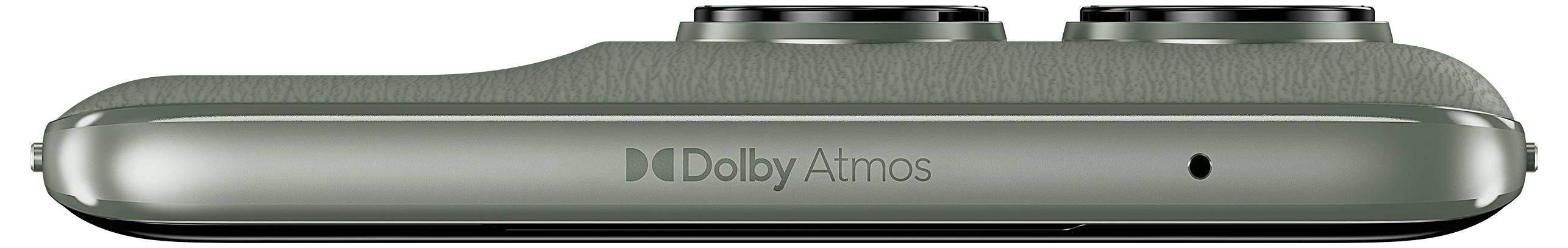 Sidovy av en smartphone som visar en dubbel-kamerabump och "Dolby Atmos"-märkning på en grön baksida, vilket betonar audiokvalitet.