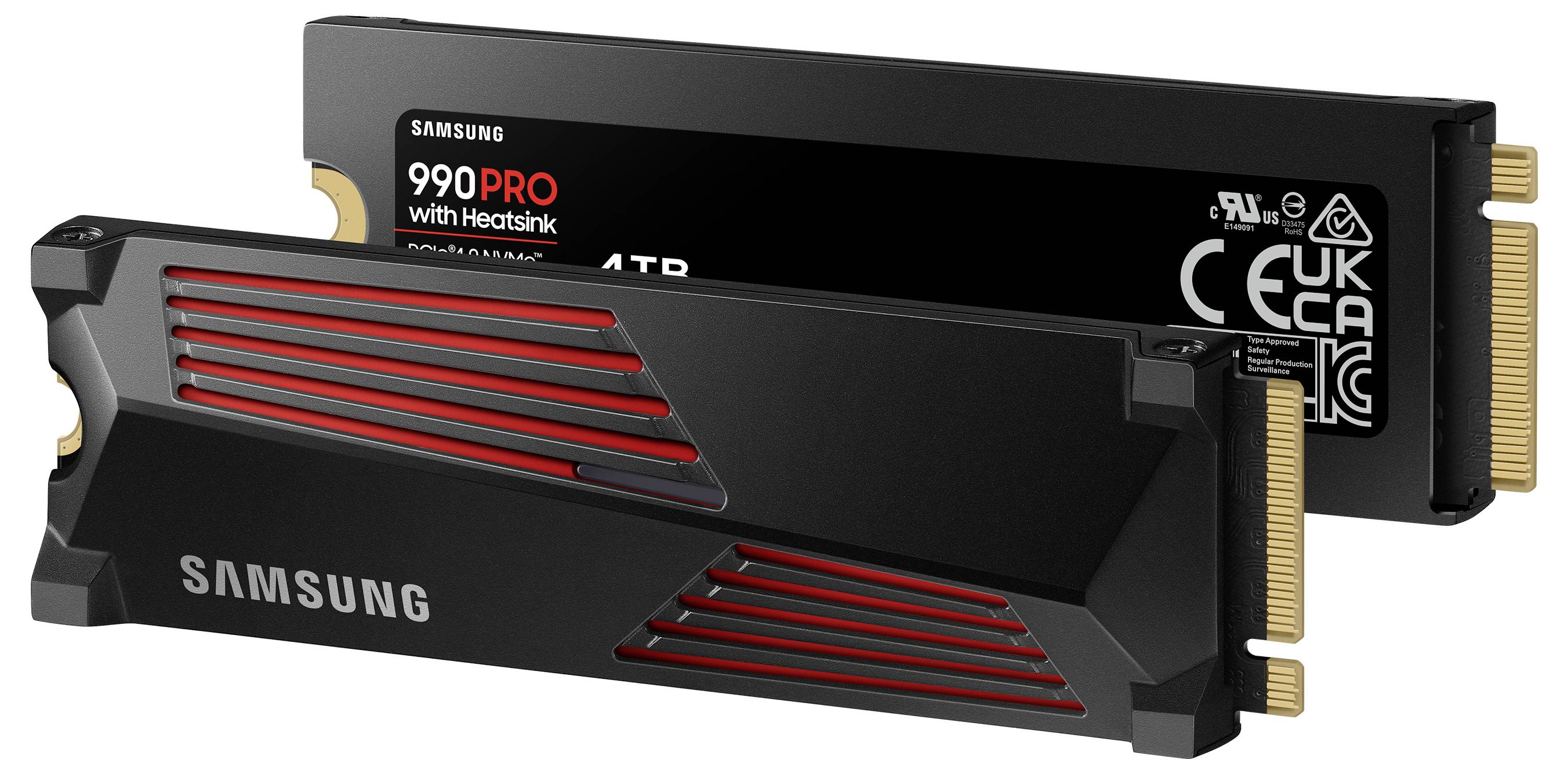 Samsung 990 PRO SSD med kylflänsar, 4TB, visad från fram- och bakvinkel, som framhäver dess eleganta design och kylfunktioner.