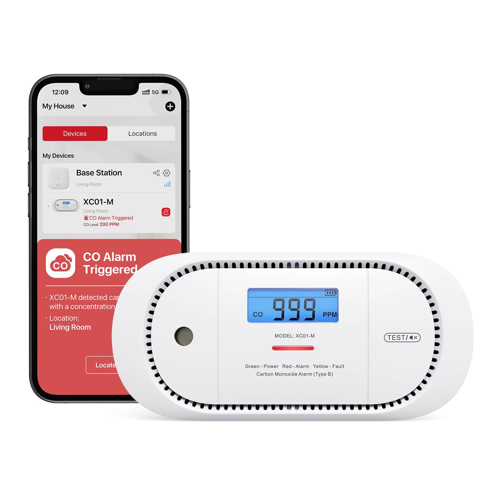 X-Sense Link+ Pro XC01-M kolmonoxidlarm, en enhet för att detektera kolmonoxid, med anslutning till SB500-basenheten för hemnätverk. Displayen visar CO-värdet, smartphone-app integrerad.