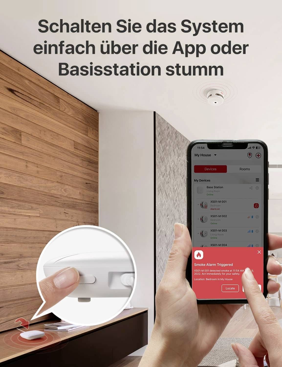 Stäng av systemet enkelt via appen eller basenheten. Bilden visar en hand som styr en brandvarnare med en app.