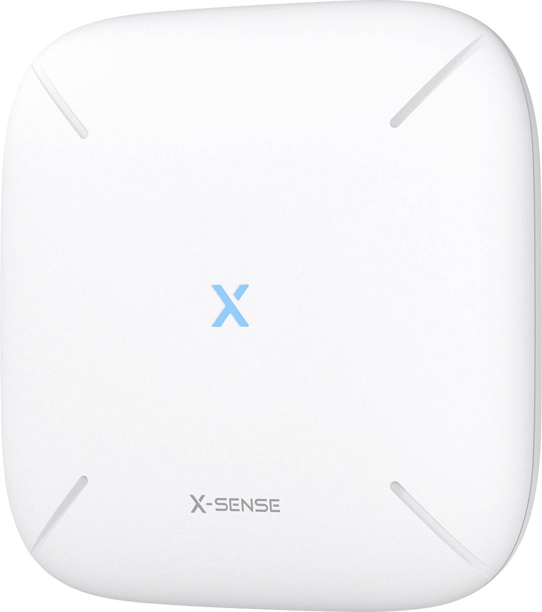 Vit fyrkantig rök- eller kolmonoxidvarnare med etiketten 'X-Sense' och en blå 'X'-logotyp i mitten.
