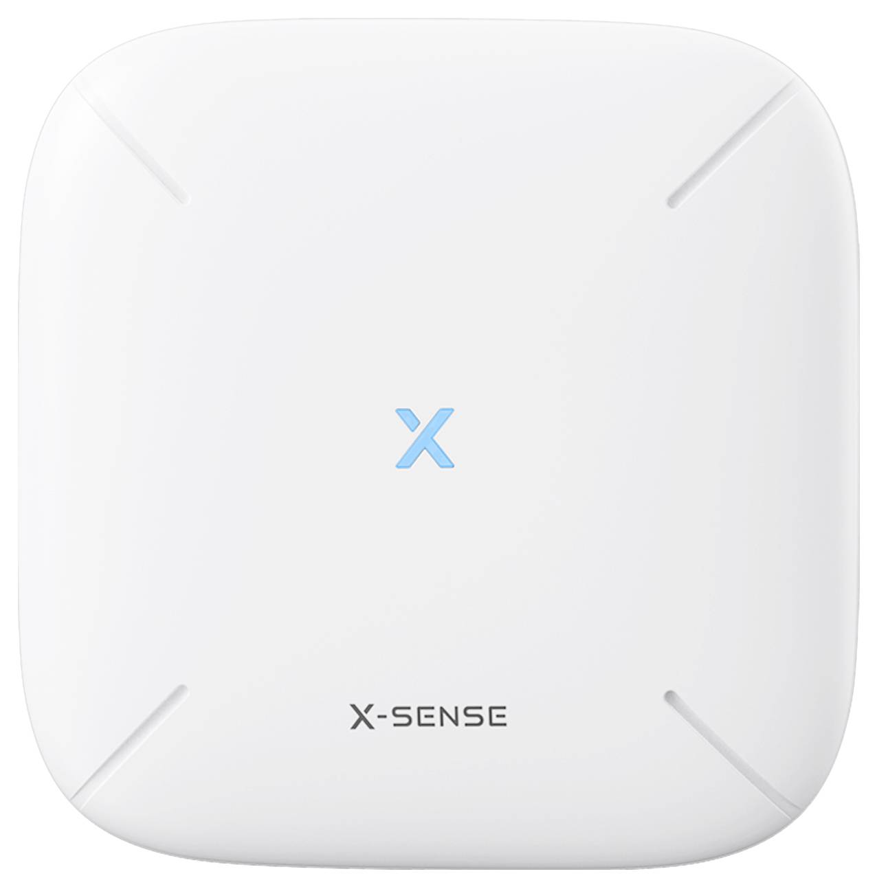Fyrkantig vit rökdetektor med ljusblå 'X' logotyp i mitten och 'X-SENSE' text under. Fyra diagonala räfflor i hörnen.