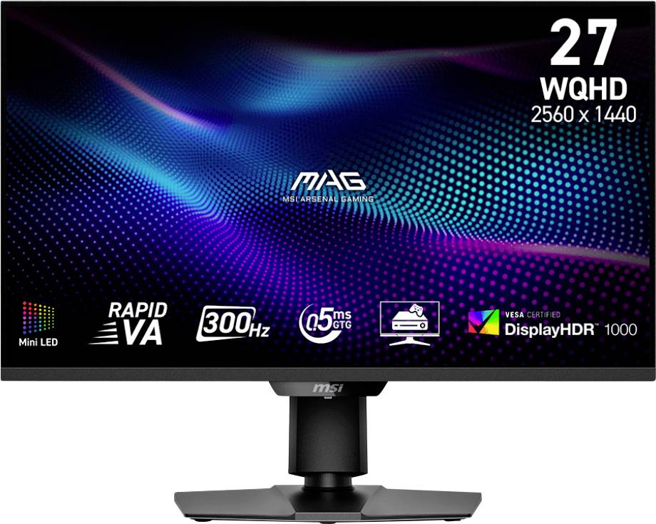 En datorskärm som visar specifikationer: 27-tums skärm, WQHD 2560x1440 upplösning, Rapid VA, 300 Hz, 0,5 ms svarstid, DisplayHDR 1000.