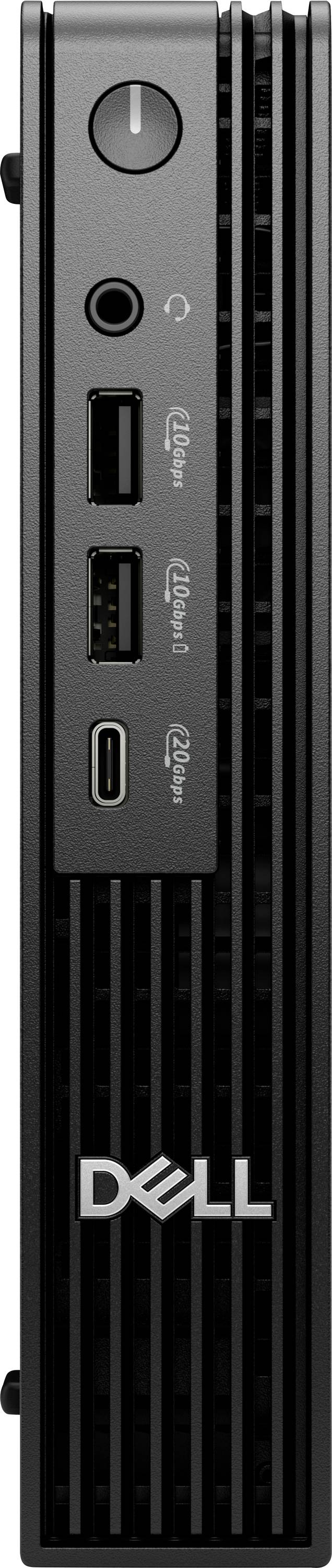 Främre vy av en Dell stationär dator, som visar strömknapp, hörlursuttag, två USB-portar och en USB-C-port.