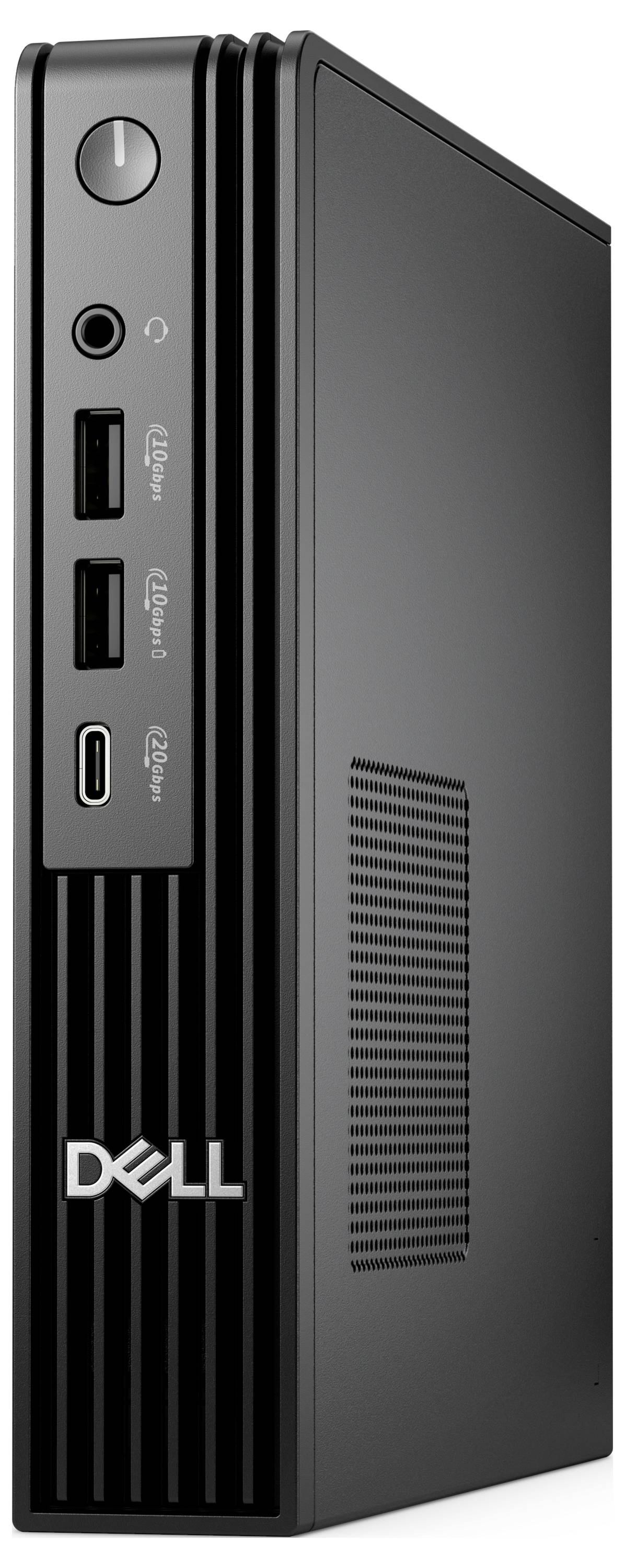 En svart, smal Dell-datorenhet med flera USB-portar och en strömknapp på framsidan, som visar en kompakt och modern design.