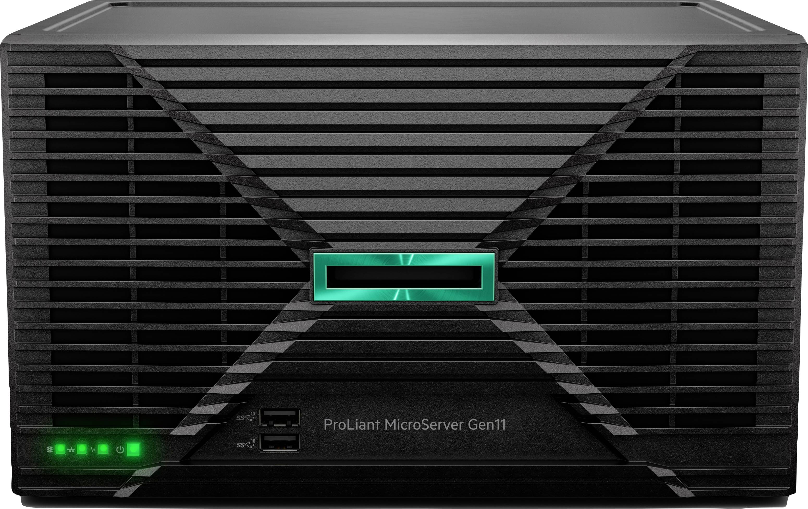 "HPE ProLiant MicroServer Gen11" visas tydligt på framsidan av en kompakt svart server med gröna LED-lampor som indikerar aktivitet.