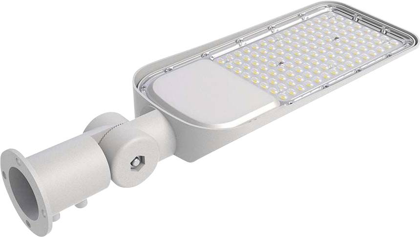 En silver LED-gatulampa med en rektangulär rad av små lampor och ett fäste i ena änden, avsedd för utomhusbruk.
