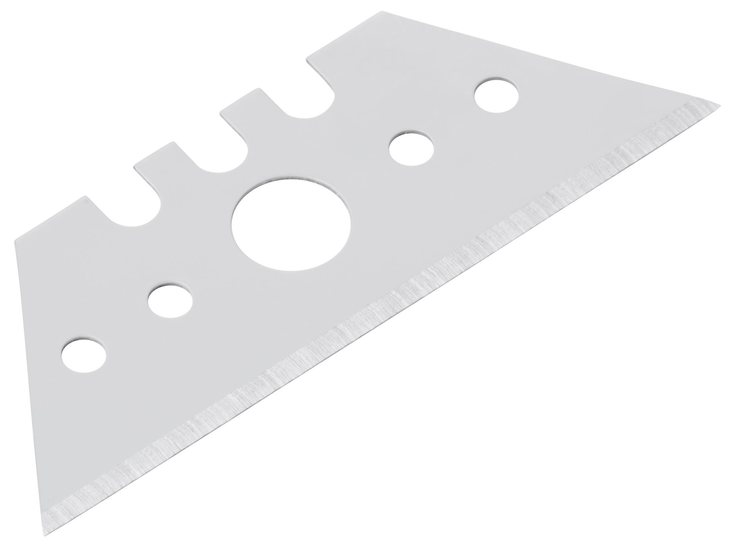 Ett silverfärgat universalknivblad med en vass egg och fyra cirkulära hål nära toppen.