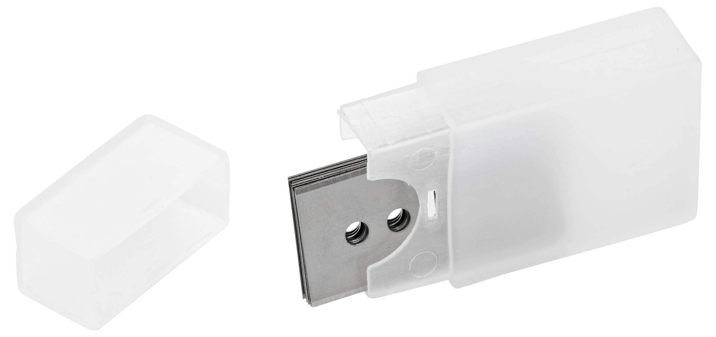 Mattkniv med transparent plastskydd delvis av, som visar metallblad med två hål. Skyddshöljet är placerat separat bredvid.