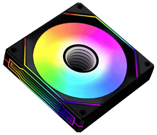 En fyrkantig datorventilator med RGB-belysning som visar ett spektrum av färger, monterad i en svart ram med markerade hörn.