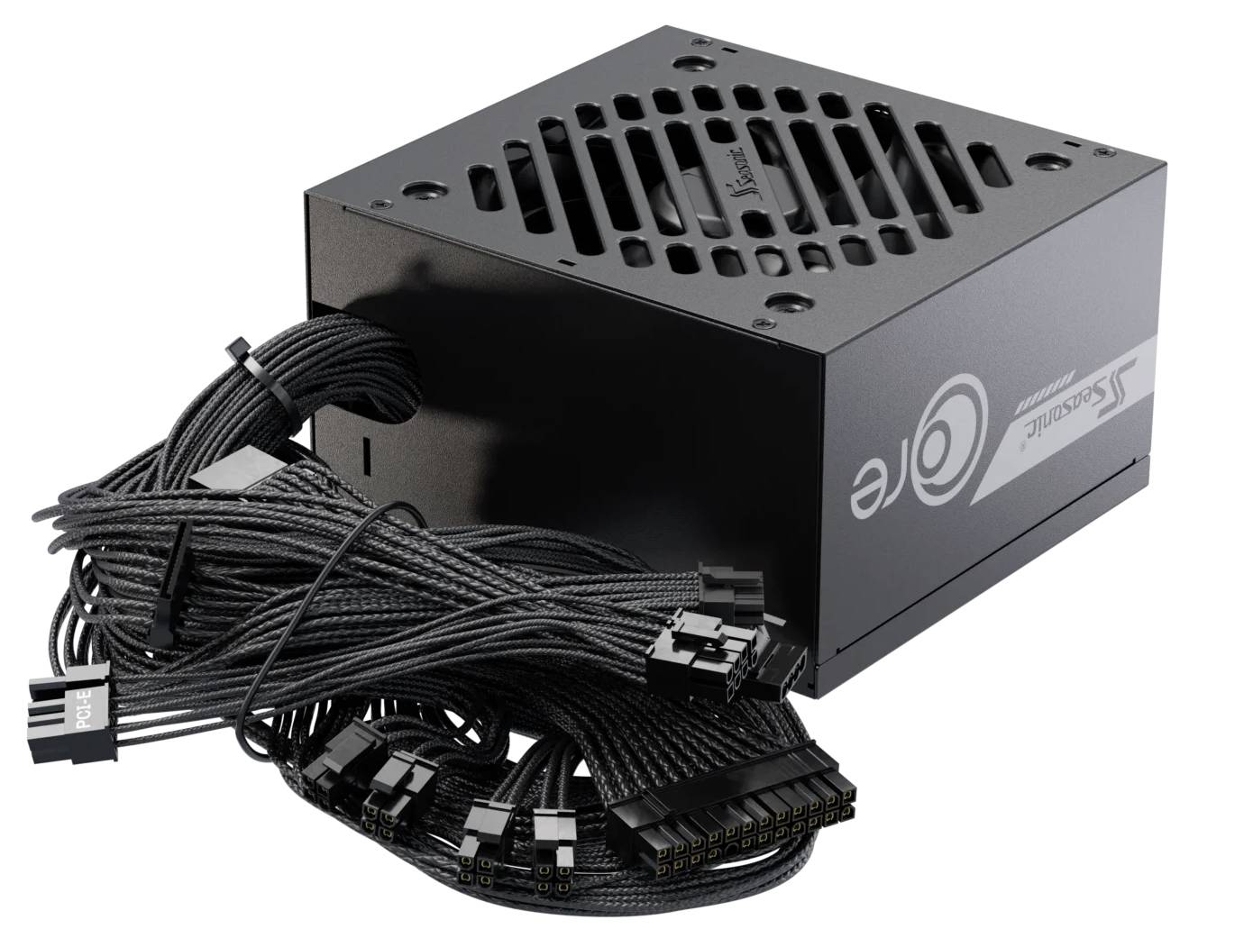 Strömförsörjningsenheten 'Seasonic G12 GC' med flera svarta kablar som sträcker sig utåt, avsedd för stationära datorer.