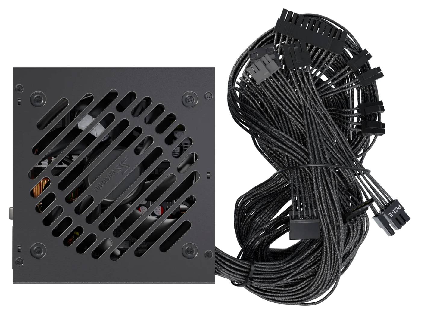 Strömförsörjningsenhet med fläkt och kabelstrumpor, inklusive flera kontakter för PC-komponenter.