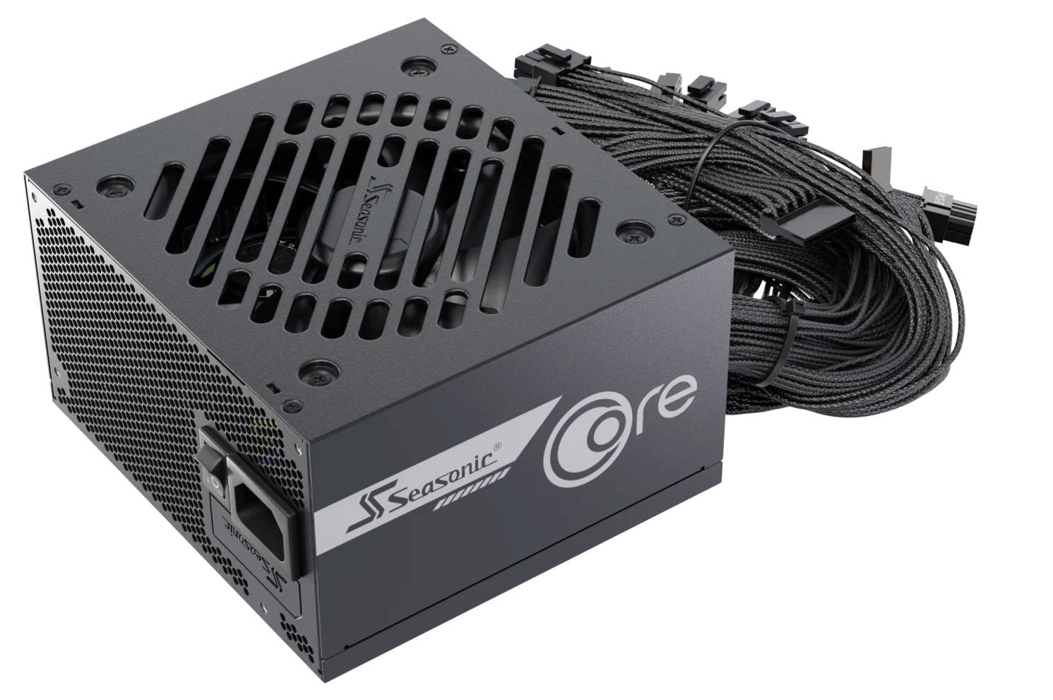 Seasonic Core nätdel med svarta kablar, med en fläktventil och varumärkesdekal på sidan.