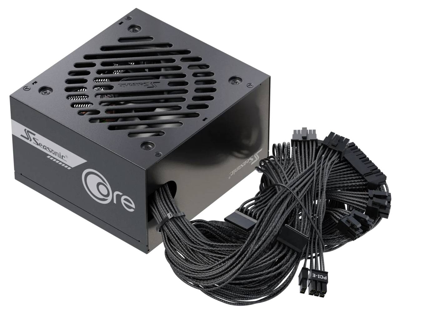 En svart SeaSonic datorströmförsörjningsenhet med flera svarta kablar som sträcker sig från den, märkt 'Core'.