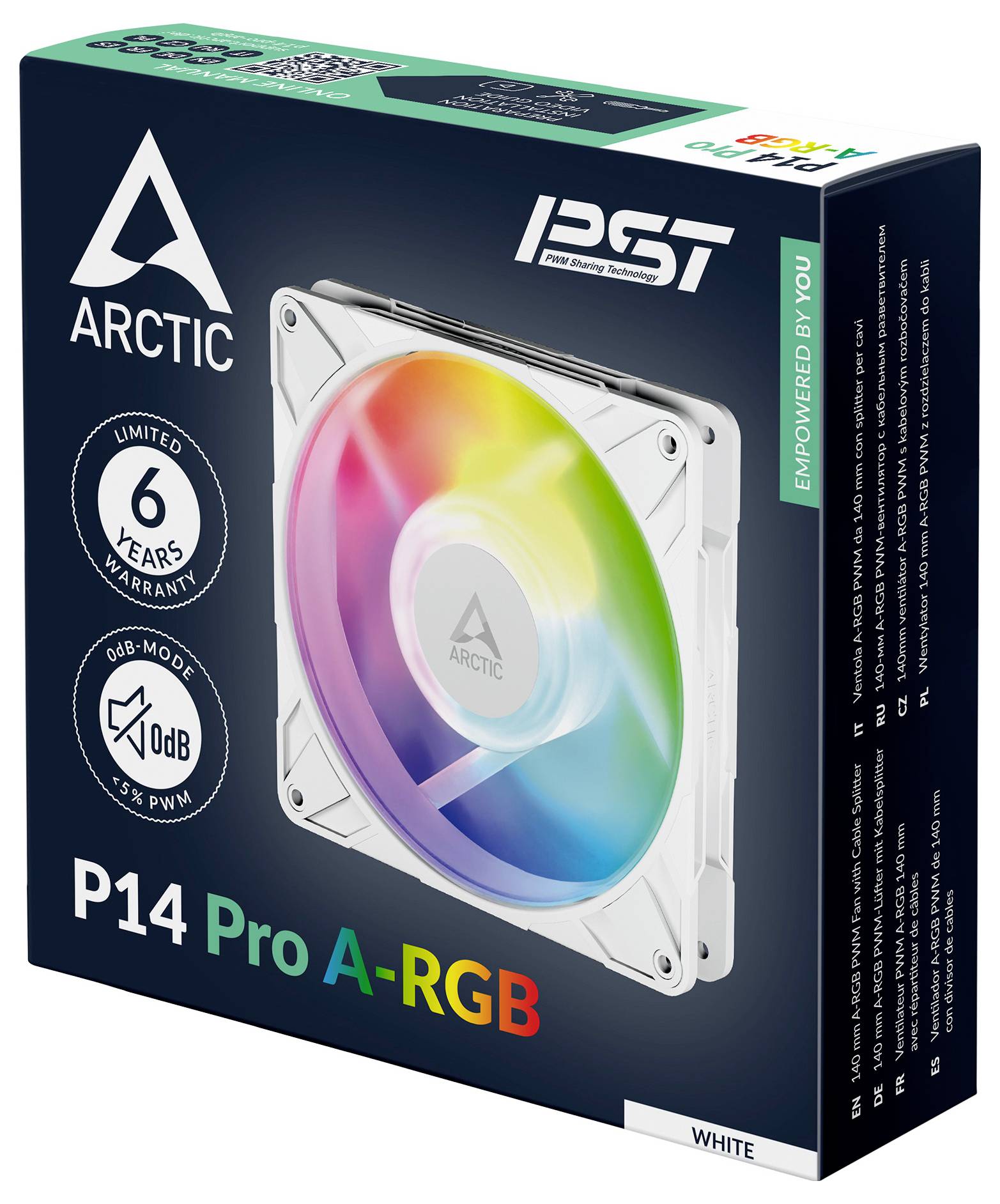 Arctic P14 Pro A-RGB datorventilator med förpackning som visar en vit fläkt med flerfärgad LED-belysning, 6 års garanti och 0,5 Sone bullernivå.