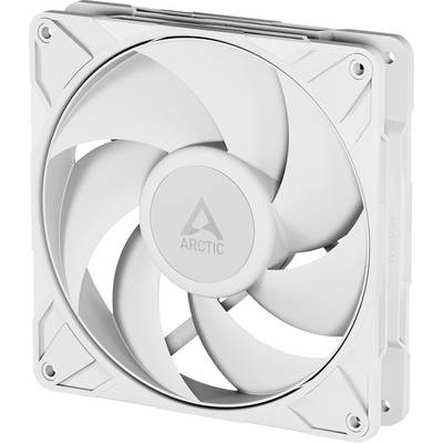En vit datorlådfläkt märkt 'ARCTIC' med en fyrkantig ram och en rotordesign med fem blad.