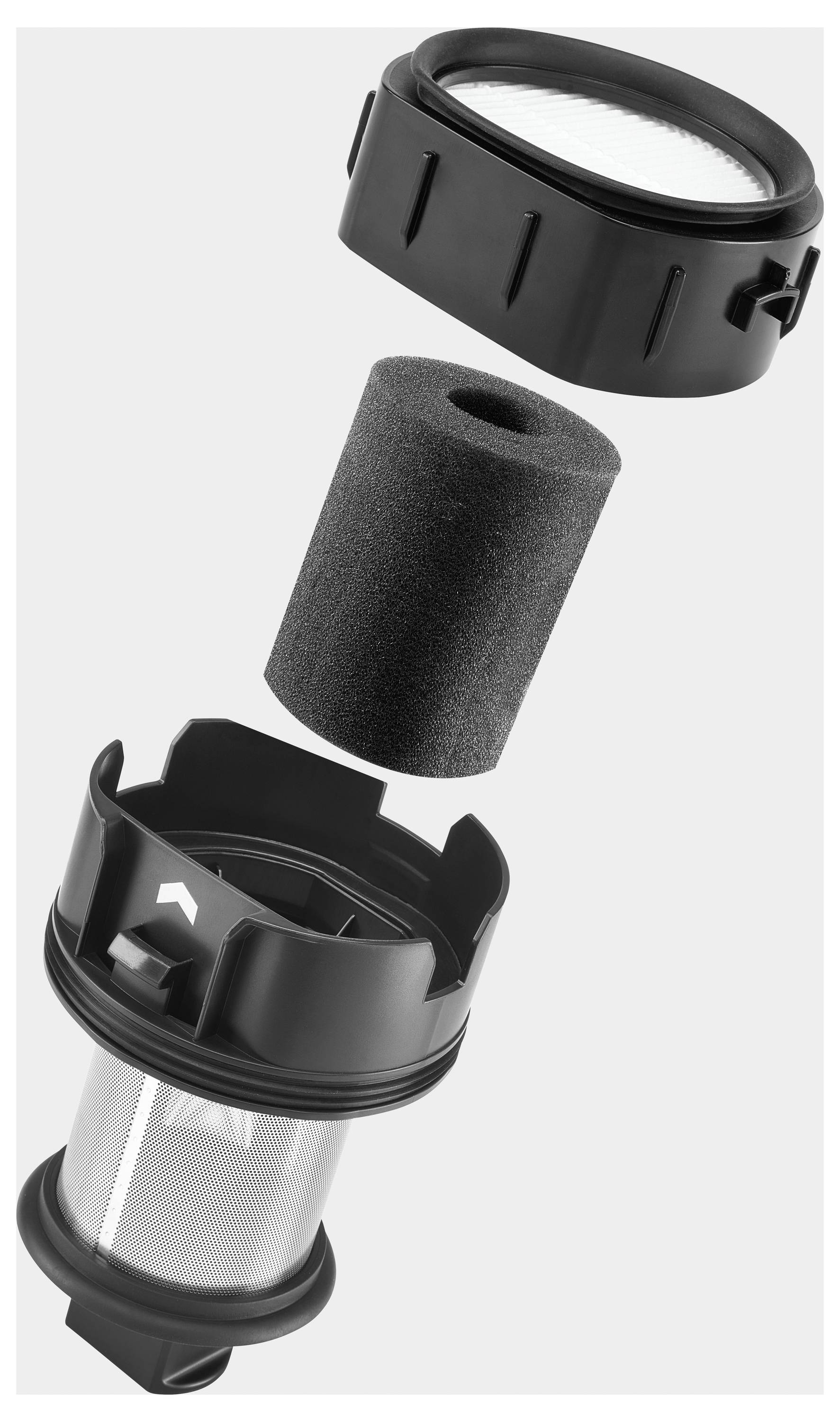 Explosionsvy av ett filtermonteringssystem som visar tre komponenter: ett överdel, ett cylindriskt skumfilter och ett underhus med nätinsats.