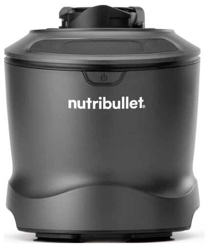 En svart Nutribullet-apparat med en slät exteriör, utrustad med en strömknapp och logotypen i vit text som framträder tydligt på framsidan.