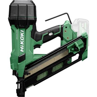 Grön sladdlös spikpistol märkt 'Hikoki' med en svart och grön design, utrustad med ett spikmagasin laddat med spikar.