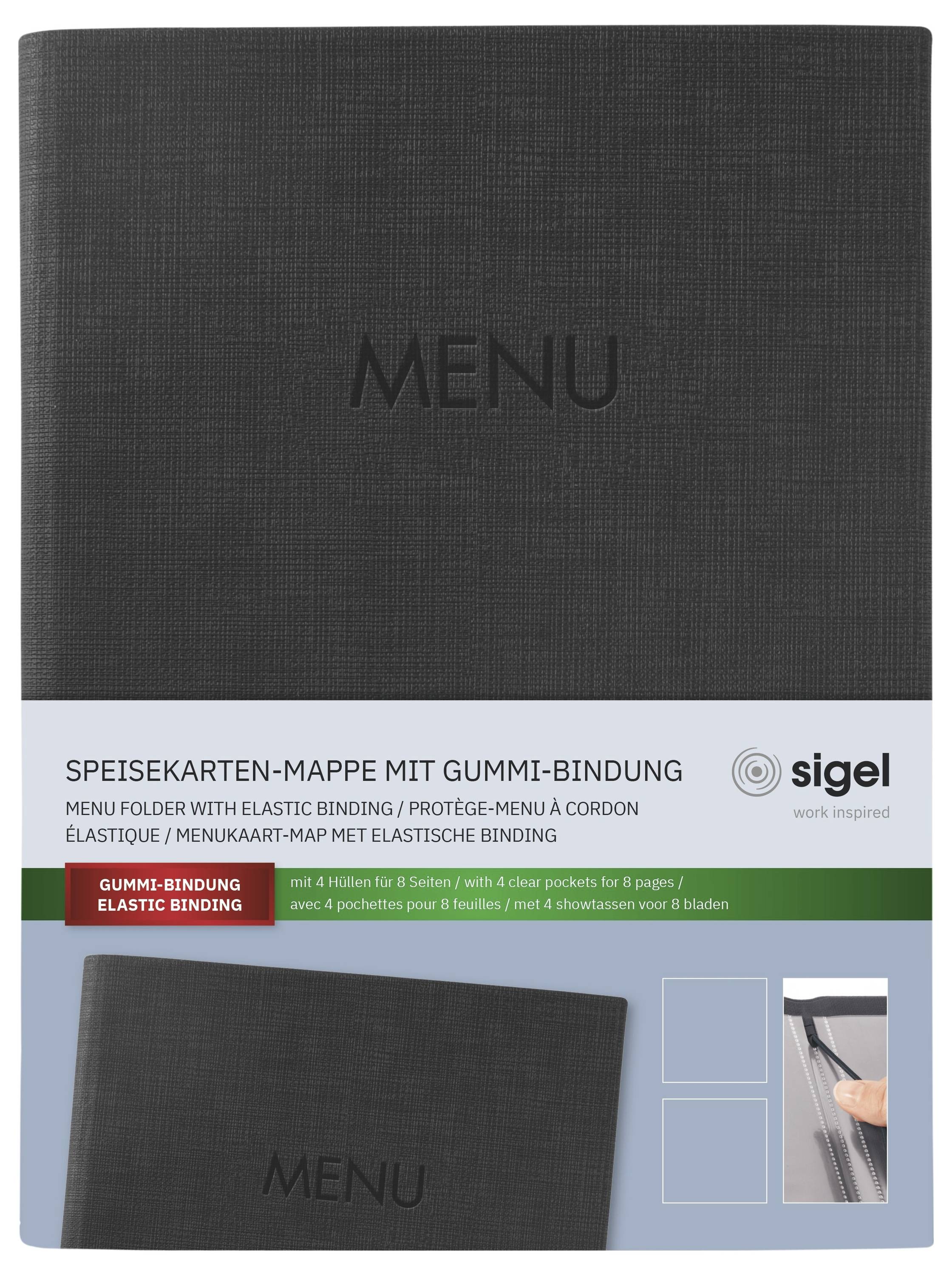 Produktförpackning för en svart "MENU" menybok med elastisk bindning, visar Sigel-märket och en fönstersdetaljvisning av bindningen.