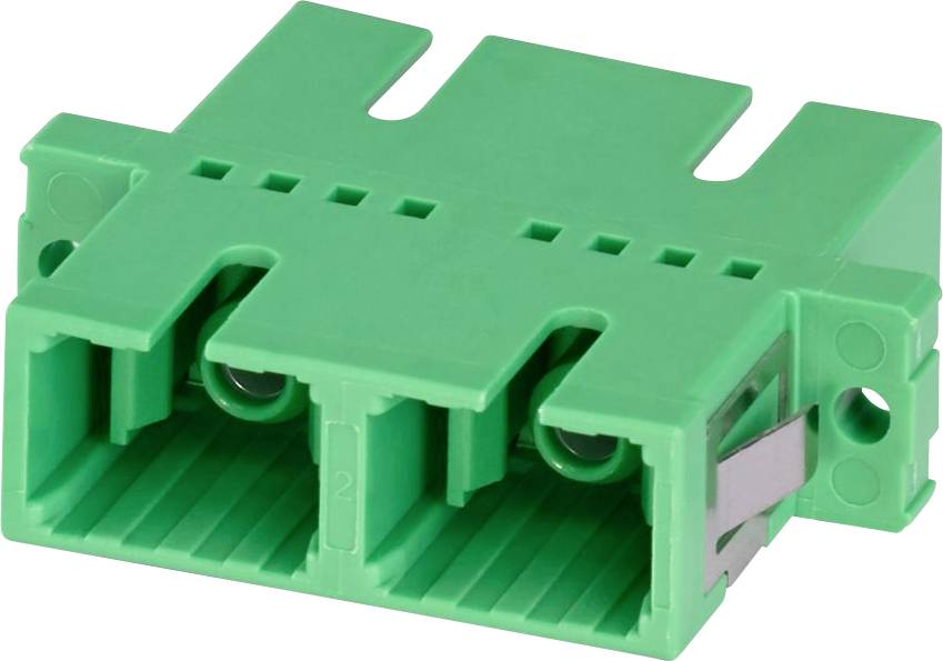 Grön, rektangulär plastadapter för SC-fiberoptik med dubbla portar och metallklämma. Används för att ansluta fiberoptiska kablar inom telekommunikation.