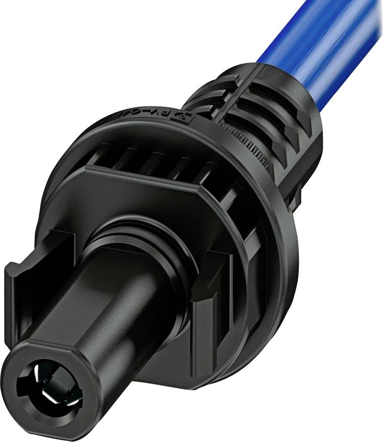 En närbild av en svart cylindrisk elektrisk kontakt med en blå kabel ansluten, som visar detaljerade konstruktionsdetaljer.