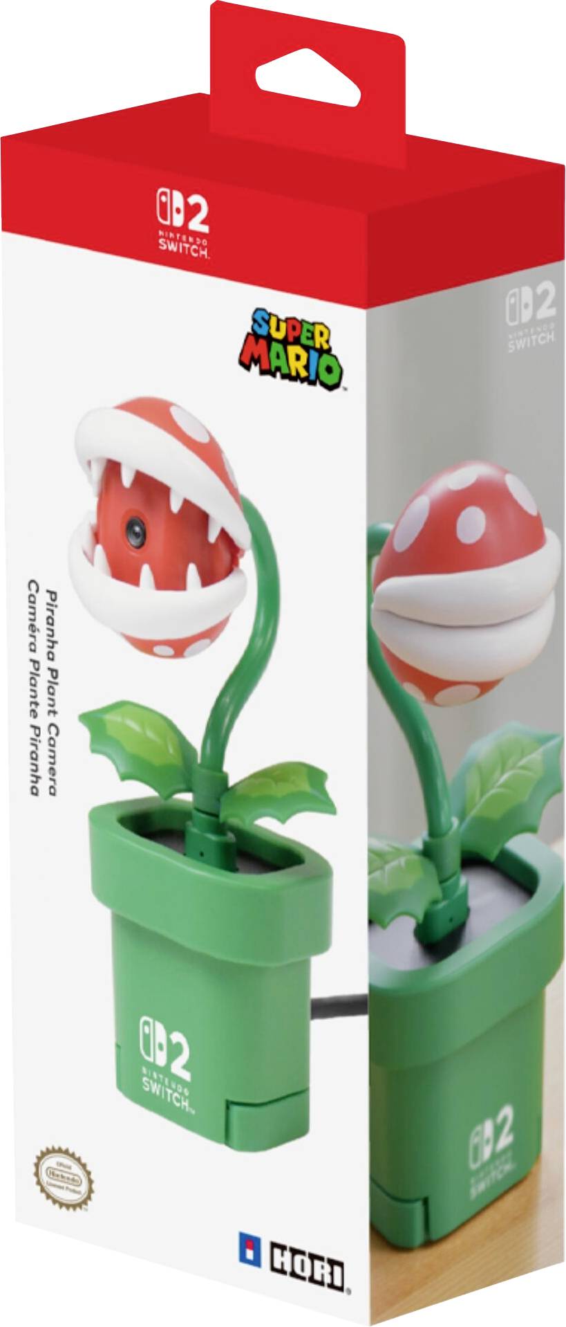 Förpackning för en Nintendo Switch trådbunden handkontroll med Super Mario-tema, designad med en röd och vit piranhaväxt och gröna blad.