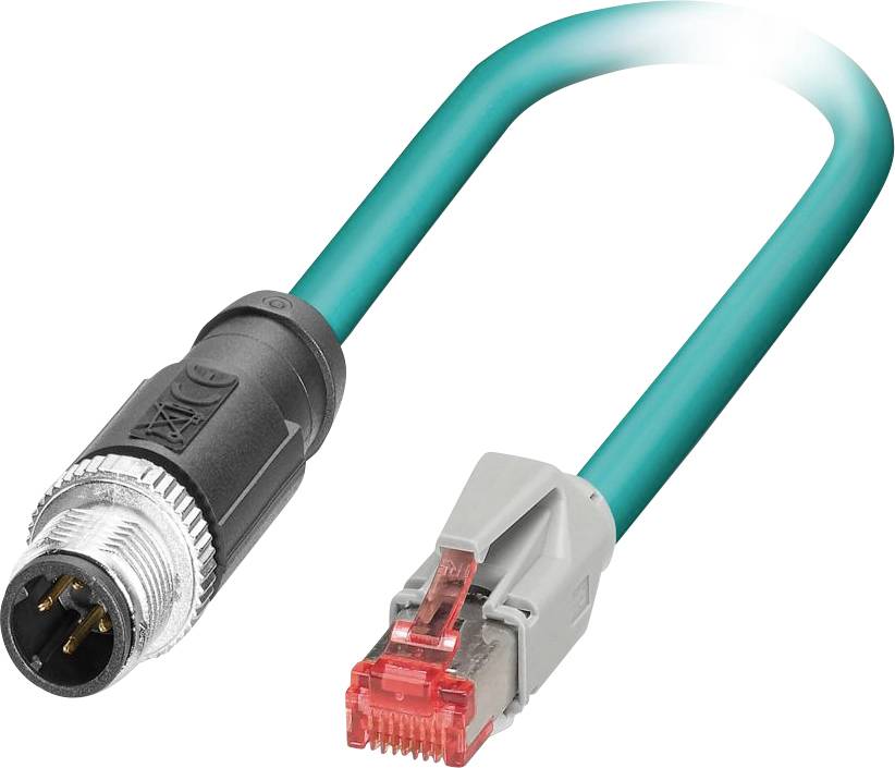 En petrolgrön hybridkontaktkabel med en cirkulär industriell kontakt på ena änden och en röd Ethernet-kontakt på den andra änden.