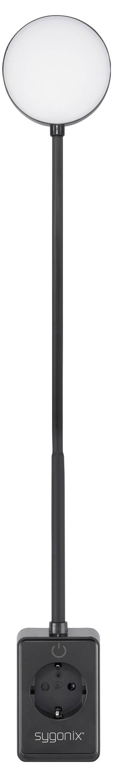 En cirkulär LED-lampa med ett justerbart näck fäst vid en kvadratisk bas märkt 'sygonix'.