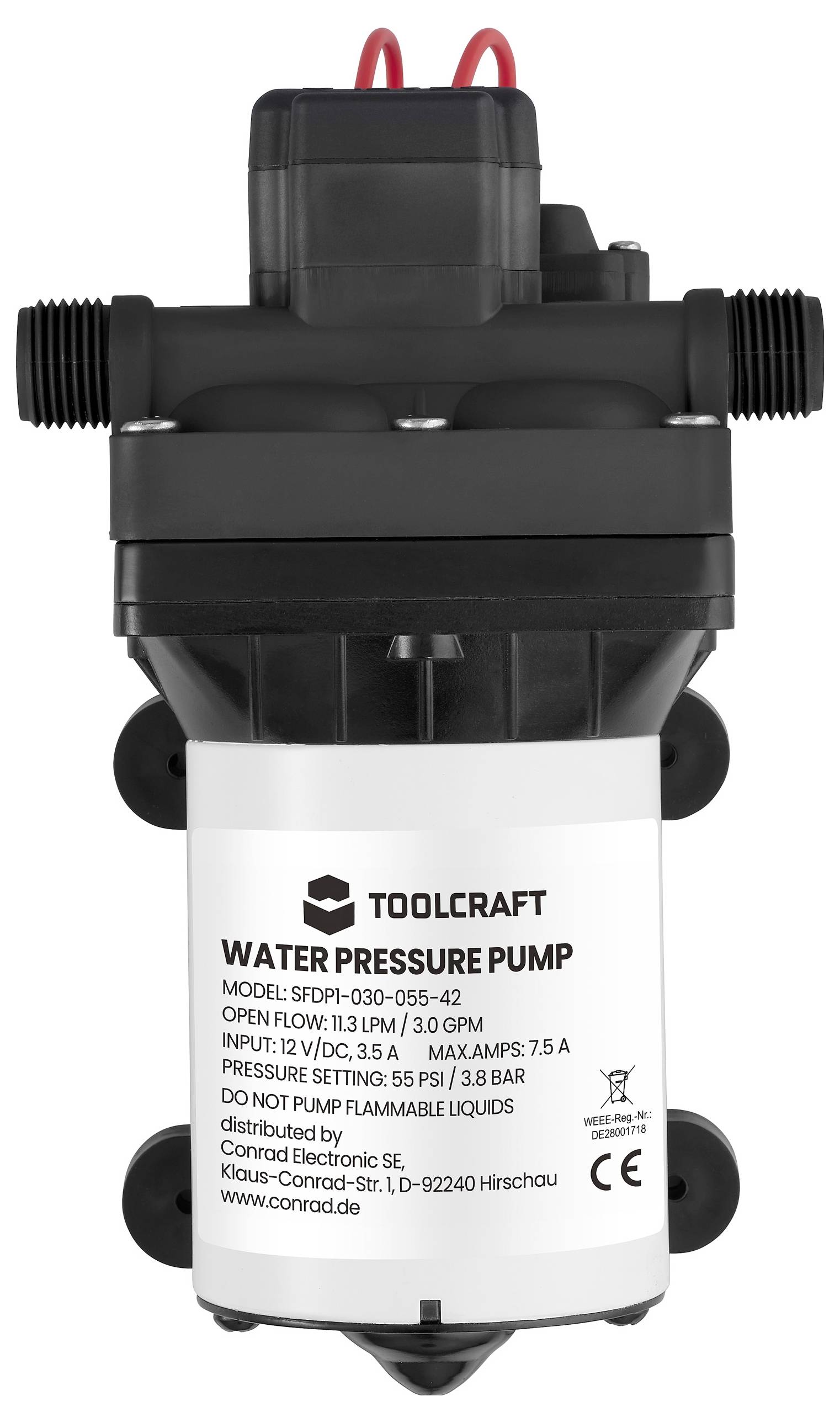 'TOOLCRAFT Vattentryckspump, Modell: 57DP-030-053-42, Öppen flöde: 11,3 LPM, Tryckinställning: 55 PSI / 3,8 Bar, Max ampere: 7,5A.'