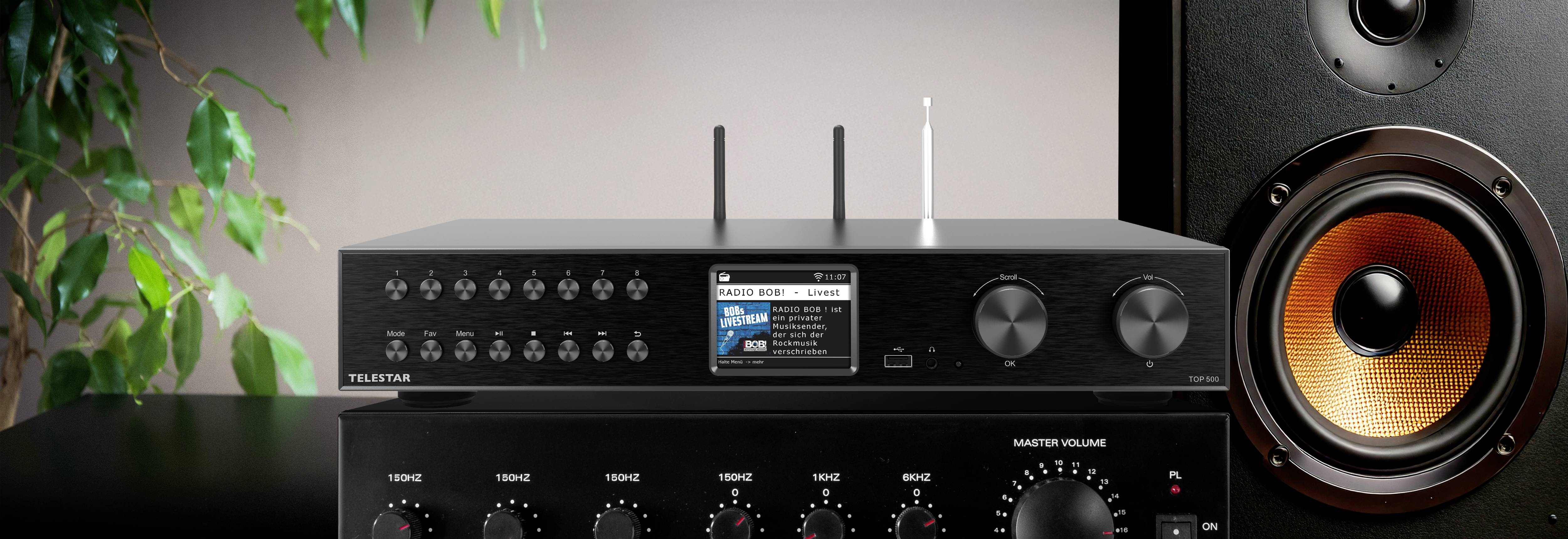 En svart stereomottagare med en digital display och två antenner ovanpå är placerad bredvid högtalare. En växt syns i bakgrunden.