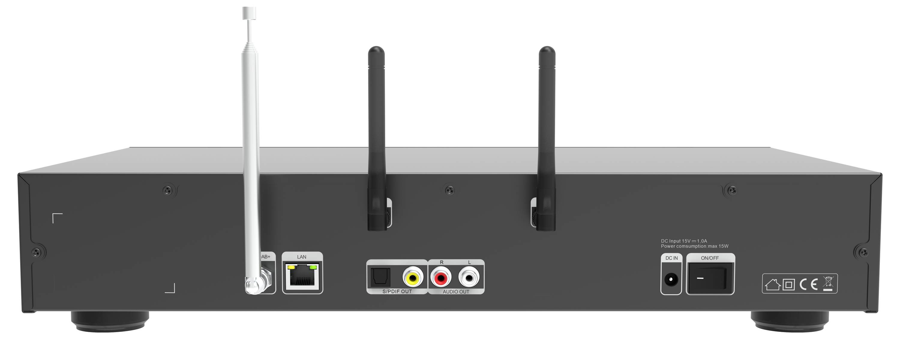 Bakvy av en elektronisk enhet med två svarta antenner och en silverantenn, utrustad med nätverks-, RCA- och strömportar.