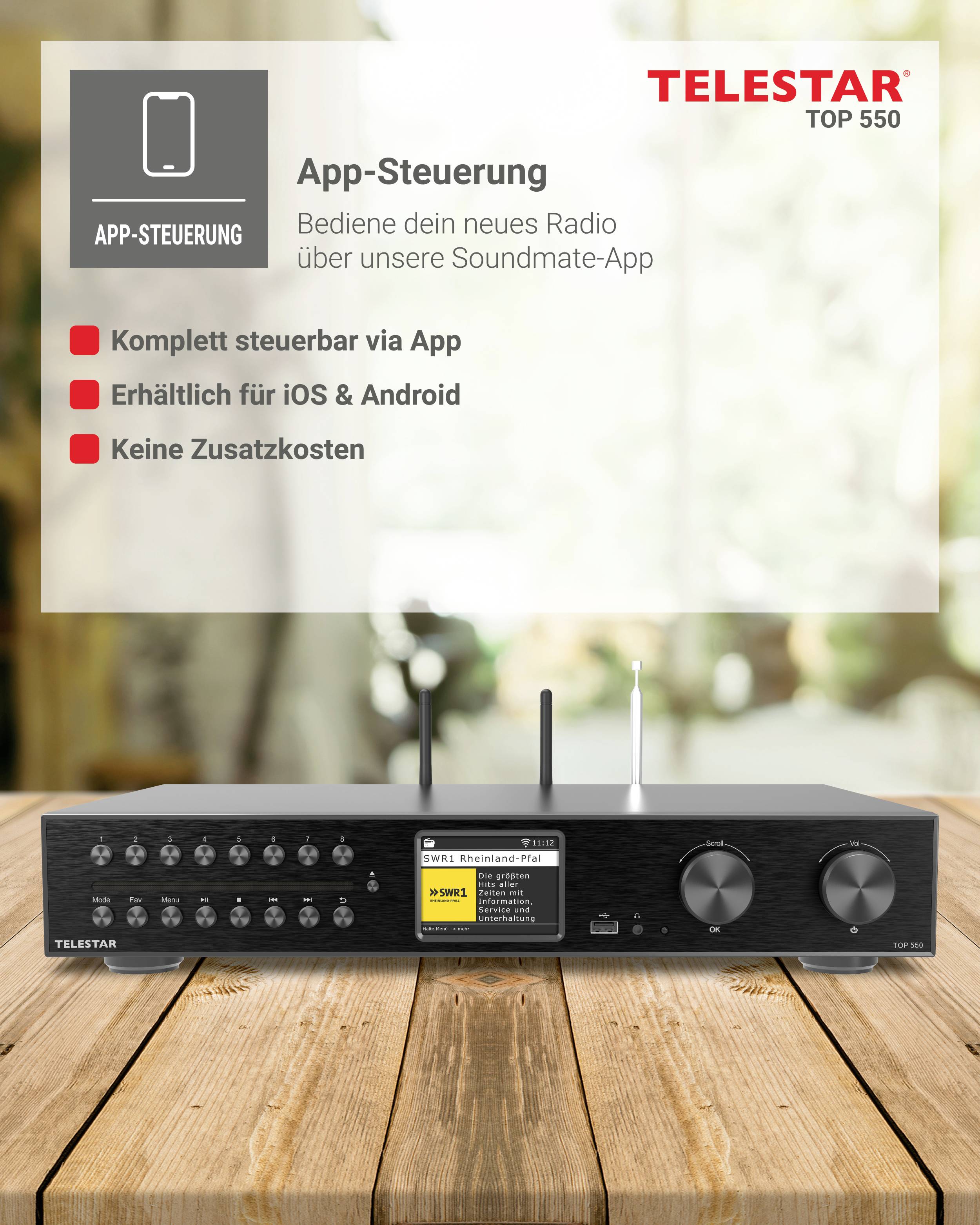 Radioenhet med app-styrning 'TELESTAR TOP 550'. Funktioner: kan styras via app, tillgänglig för iOS/Android, inga extra kostnader.