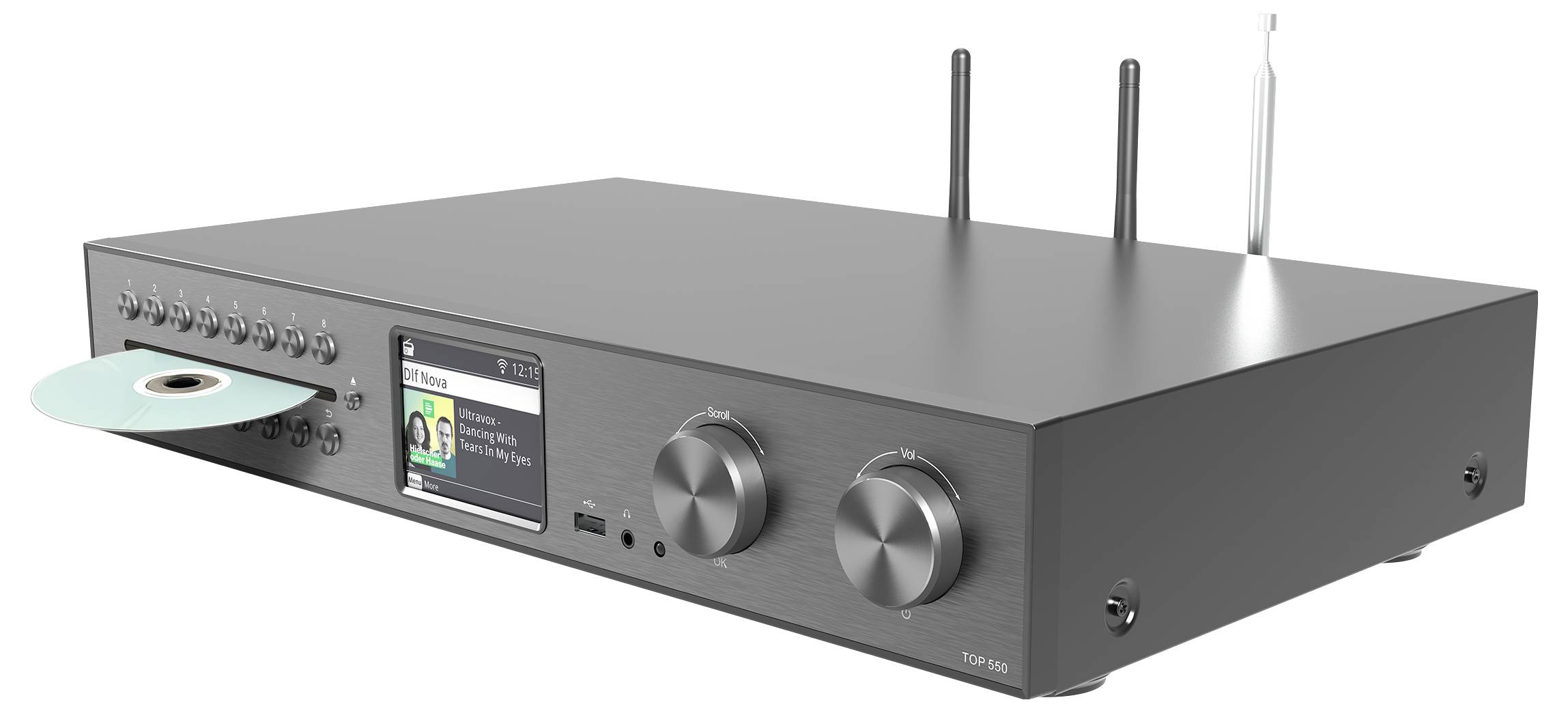 En smidig, svart ljudenhet med antenner och en CD delvis isatt. Den har en display som visar 'Vivaldi' och två stora kontrollvred.
