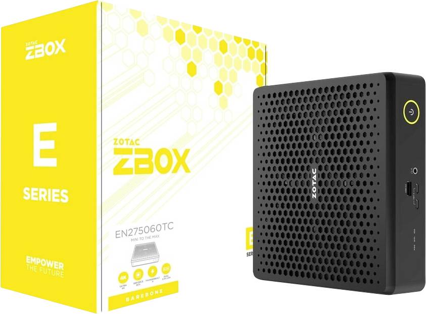 ZOTAC ZBOX E-serien mini-PC med honeycomb-design, visas bredvid sin förpackning. Text på lådan inkluderar 'Empower the Future'.