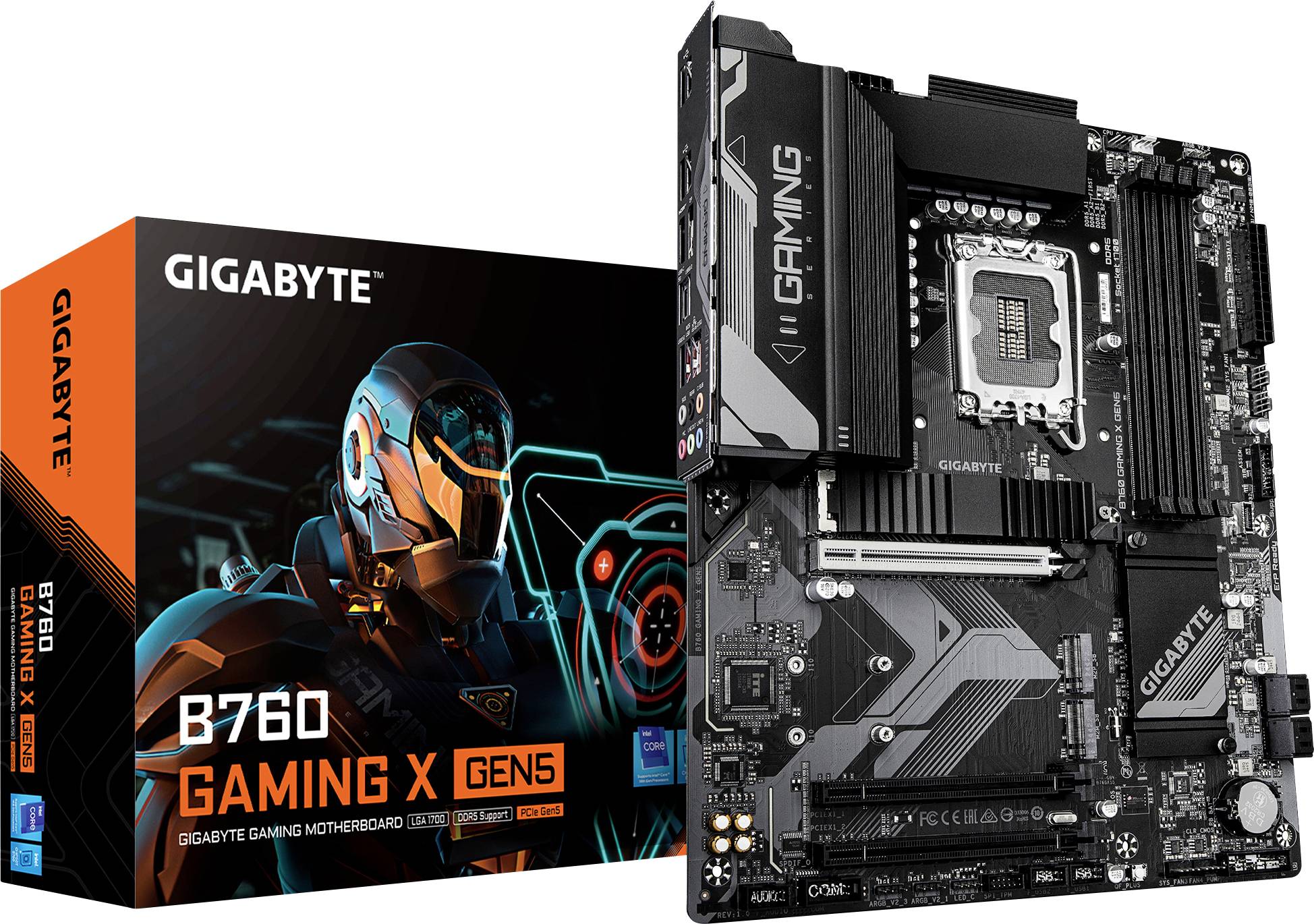 'GIGABYTE B760 Gaming X Gen5 moderkort med förpackning. Uppvisar futuristiska designelement och stöder högpresterande gaming.'