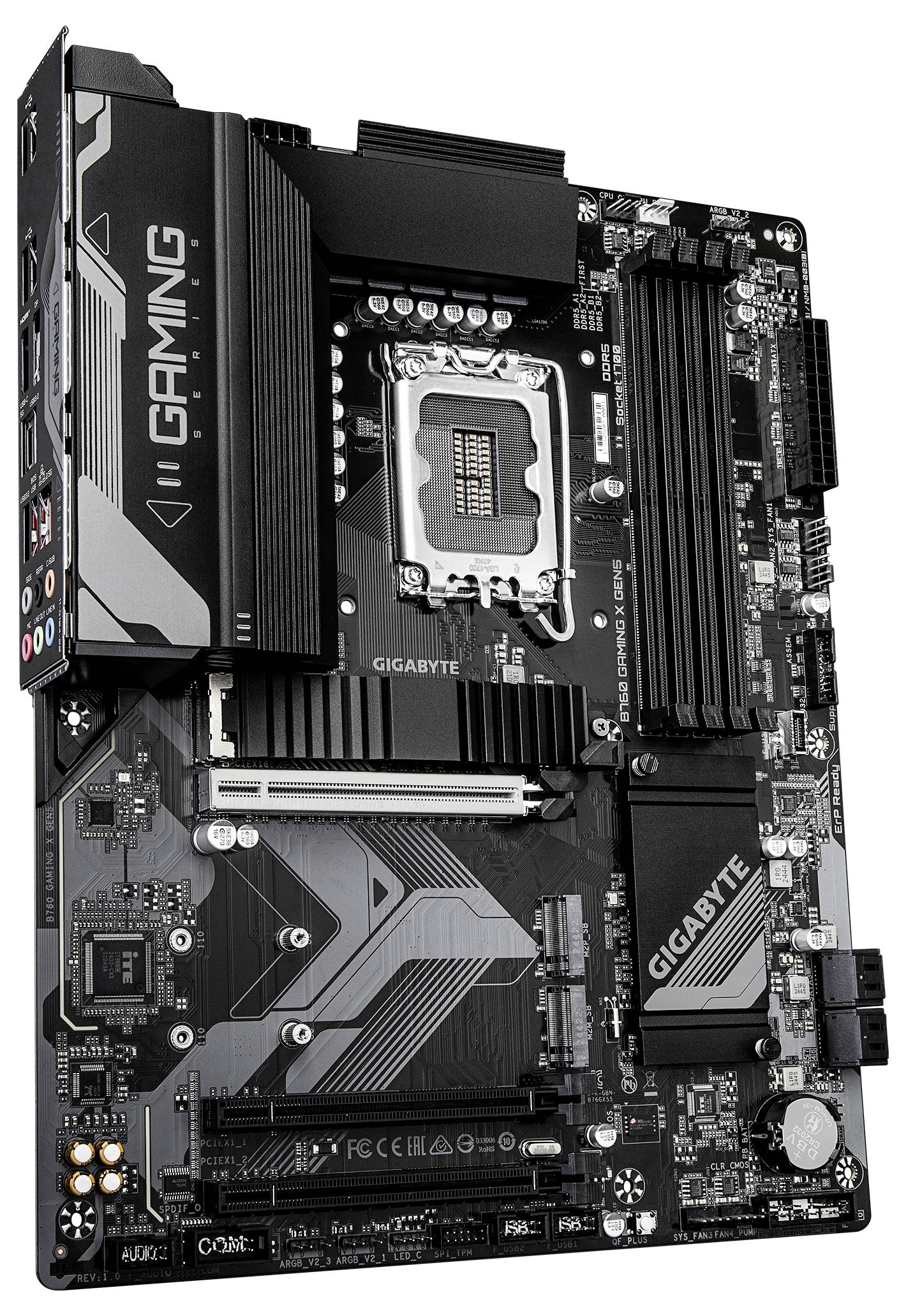 Moderkort märkt 'GIGABYTE' med flera PCIe-platser, RAM-platser, ett LGA-uttag för CPU och expansionsanslutningar. Lämplig för spelbruk.