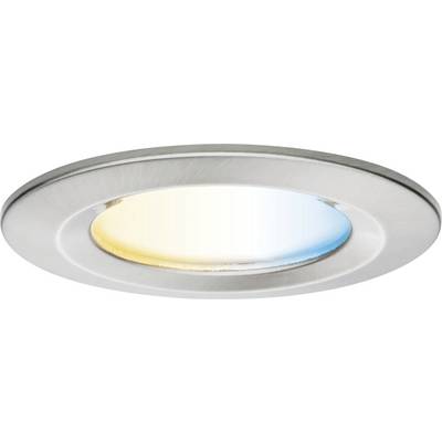Rund LED-armatür med borstad metallfinish som avger en gradient från varmt gult till kyligt blått ljus.